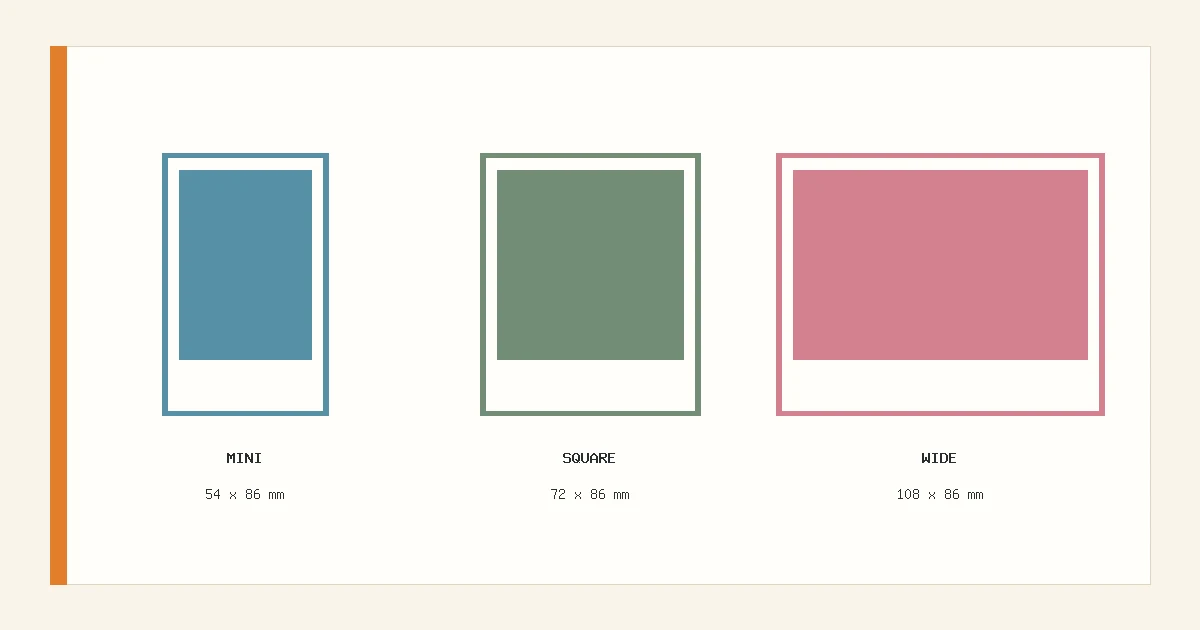 Cadres Instax Mini, Square et Wide dessinés à proportions comparables avec leurs dimensions