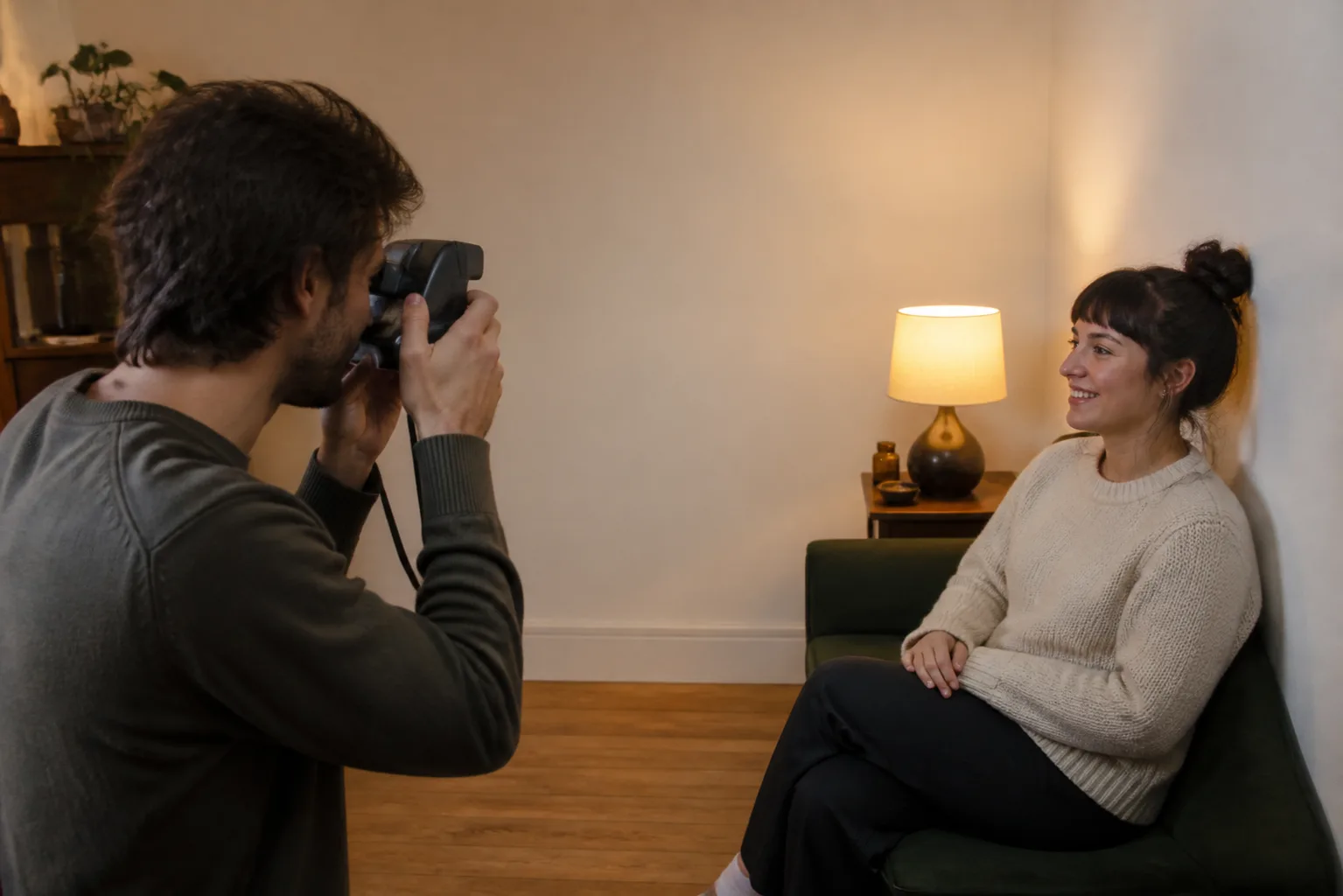 Photographe placé à courte distance d’un sujet assis près d’une lampe et d’un mur clair